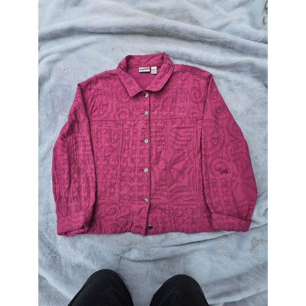 Chico’s Pink Textured Jacket Womens 2  Button Front Lightweight Shirt